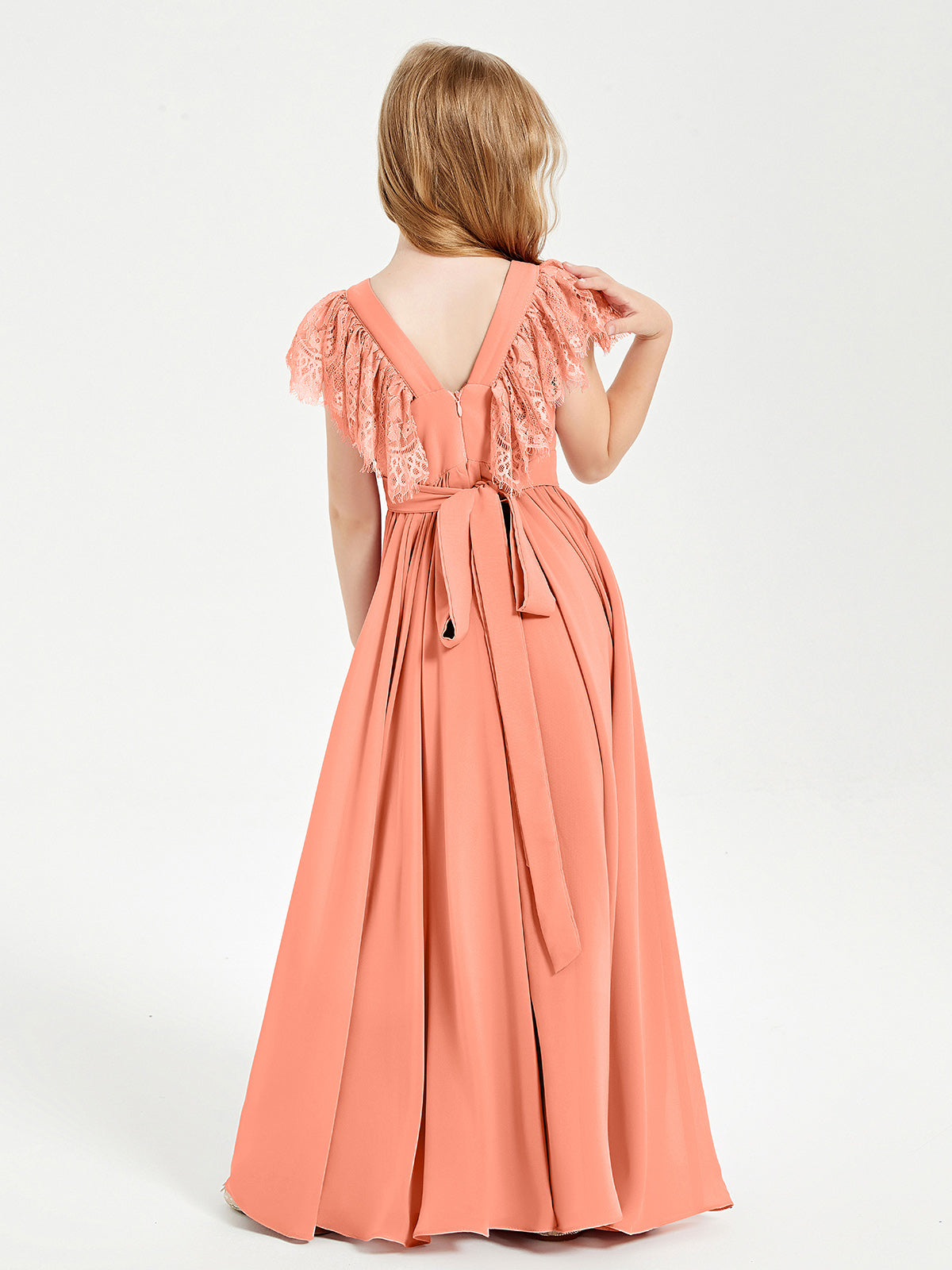 Chiffon Junior Bridesmaid Dresses with Lace Flutter Sleeves Sunset